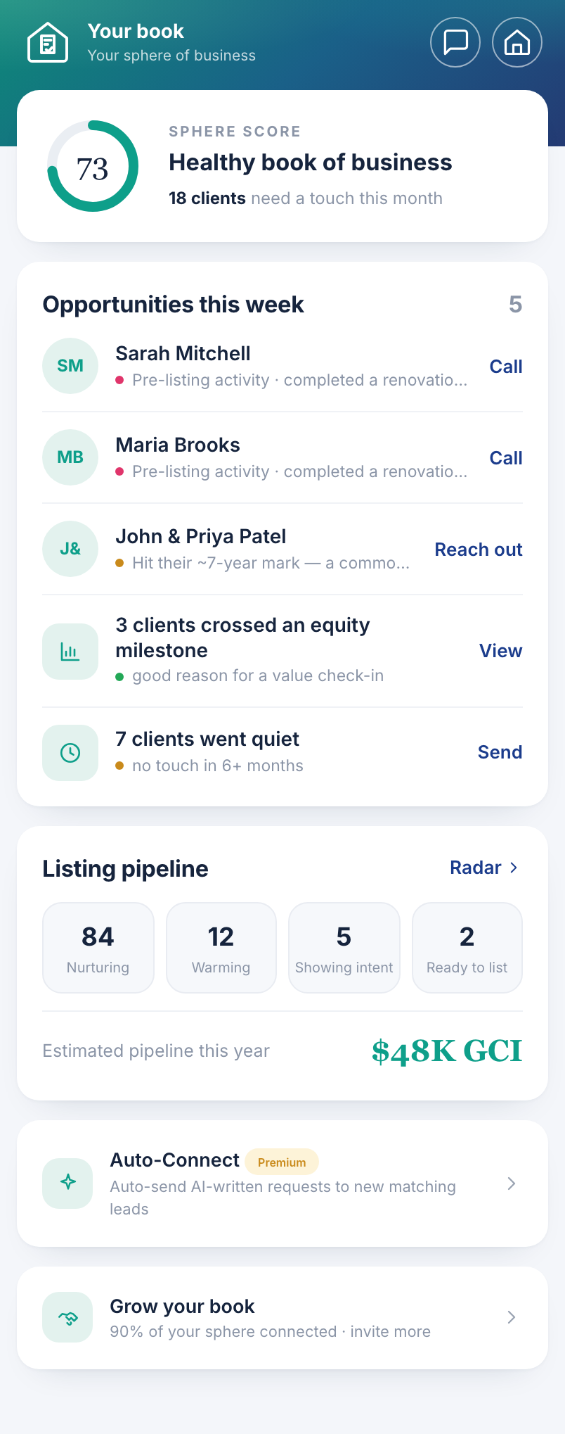 Agent Book screen — a book of clients built on the homes themselves with sphere signals