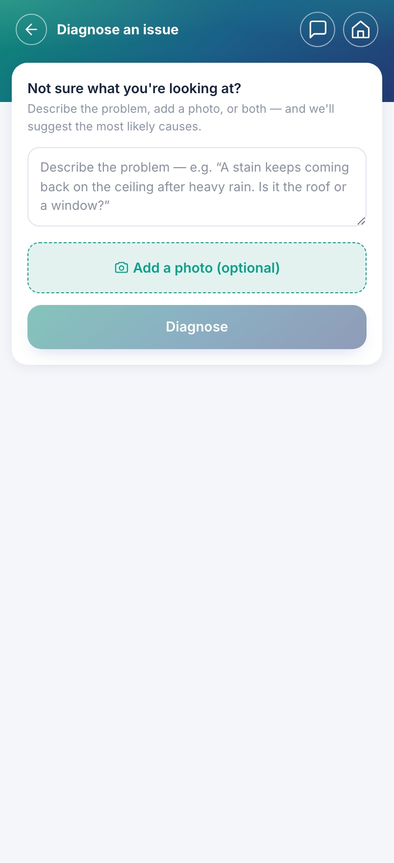 Diagnose screen reading a photo of a home problem and explaining it