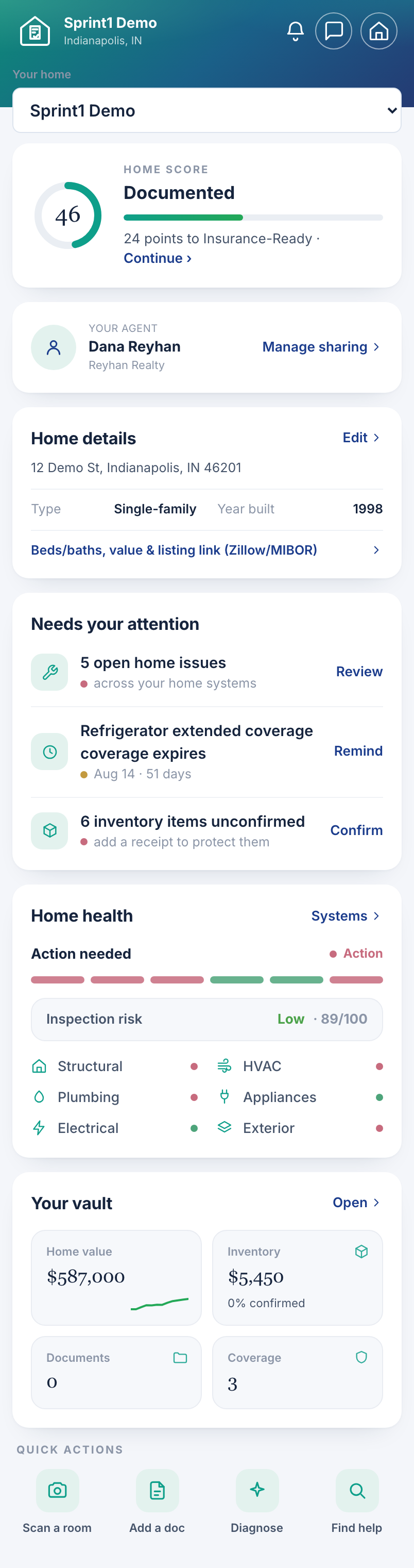 Home hub screen showing the vault of documents, coverages, and systems