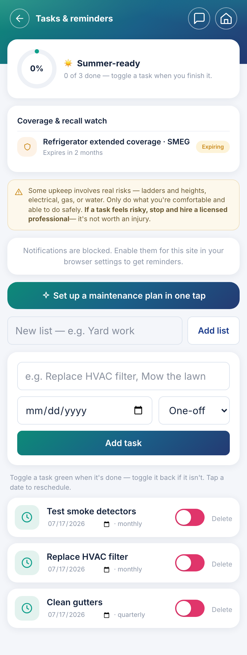Reminders and tasks screen listing upcoming home maintenance